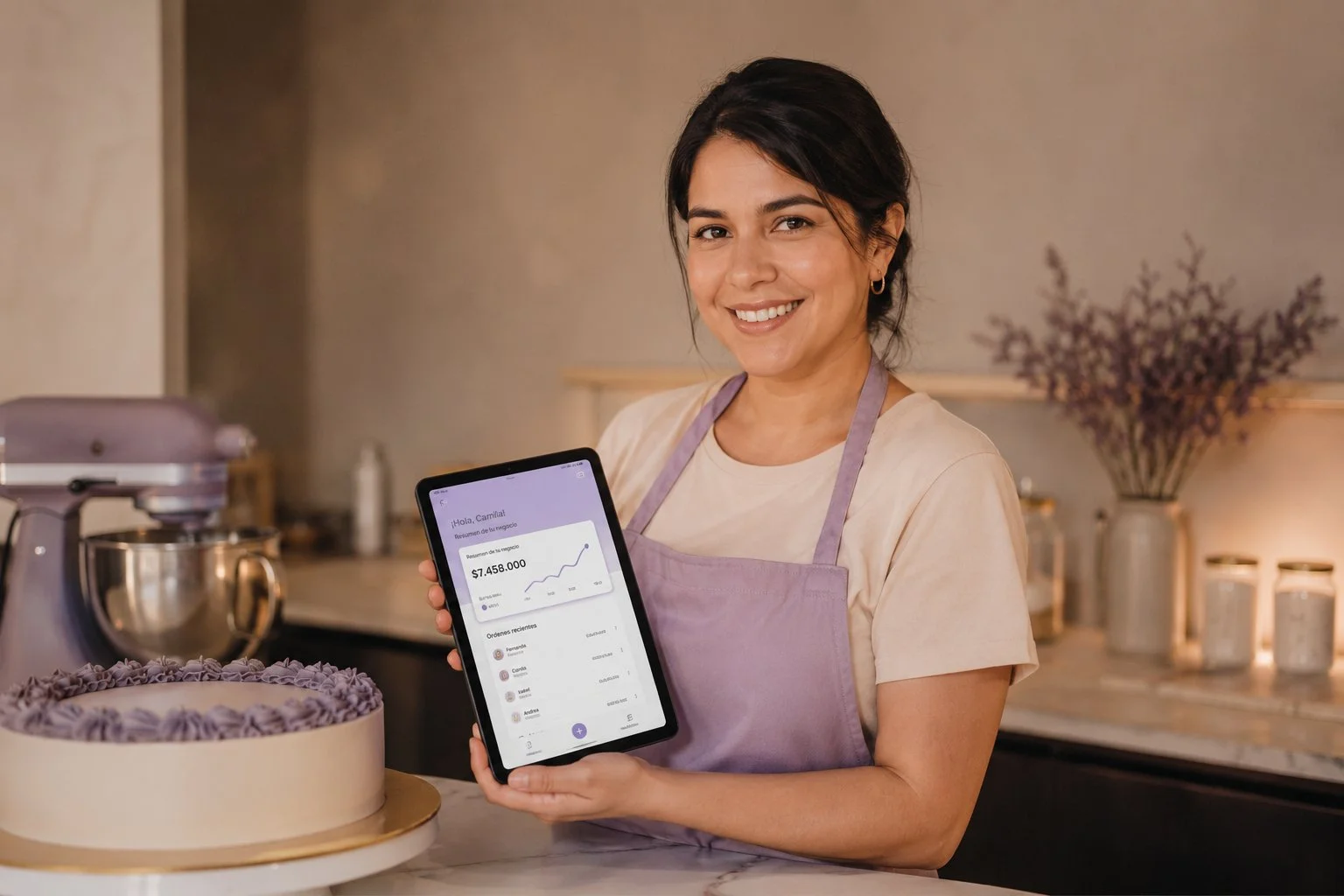 Repostera emprendedora usando Bake Balance en tablet